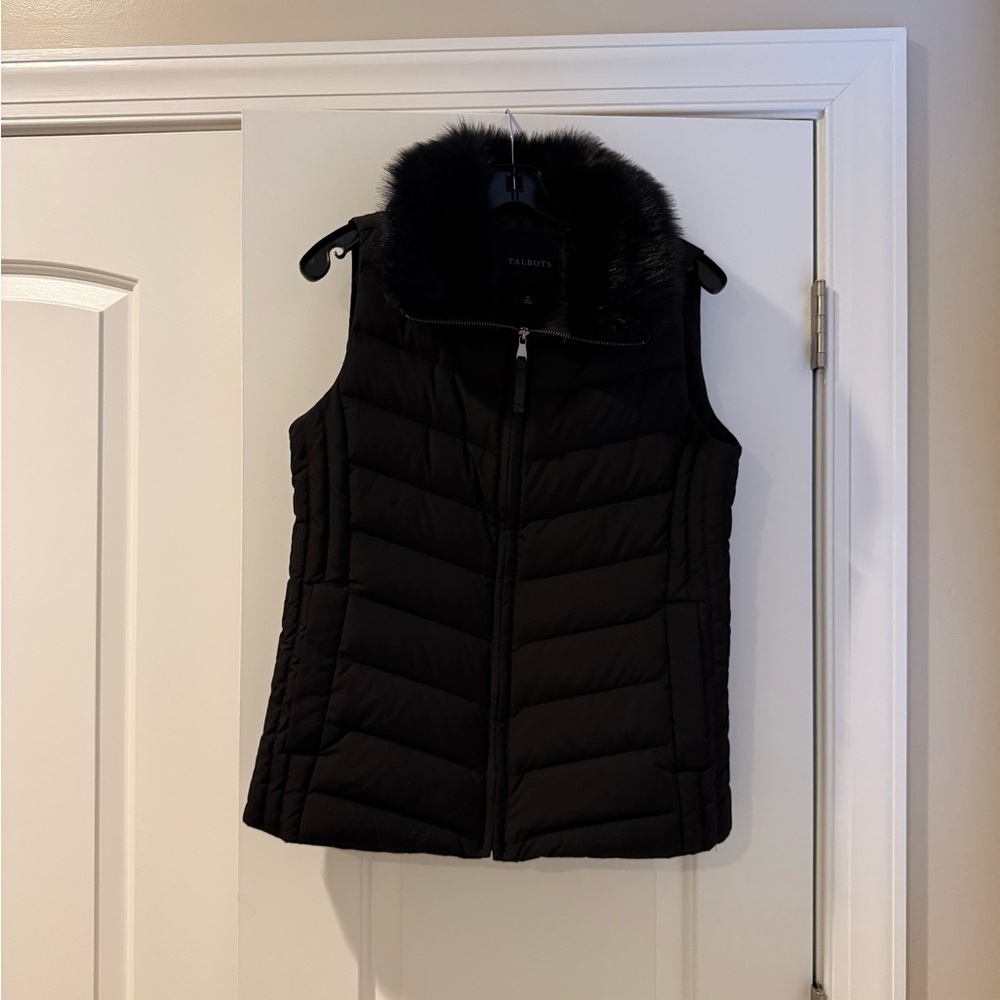 Talbots Black Puffer Vest with Faux Fur Collar